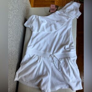 NWT Juicy Couture One-Shoulder Ruffle White Terry Cloth Romper Size Small Y2K